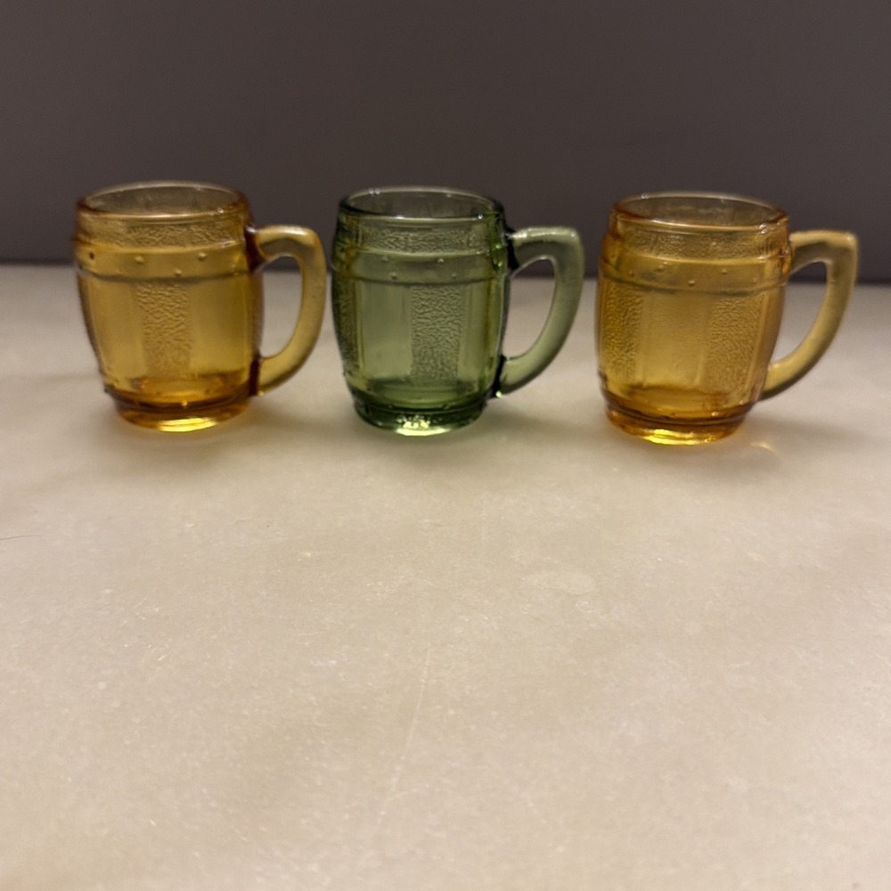 Lot of 3 Vintage Glass Whiskey Barrel Shot Glasses with Handle Miniature Mug